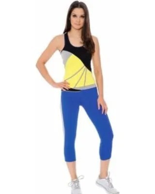 Yellow and Black Tank Top with Cropped Blue Leggings