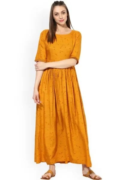 Mustard Yellow Half Sleeve Pleated Maxi Relaxed Fit Dress