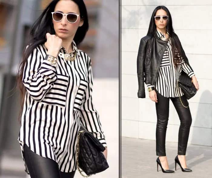 Black and White Striped Button Up Blouse with Leather Moto Jacket