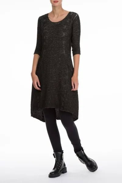 Black Three Quarter Sleeve Linen Dress with Lace Details