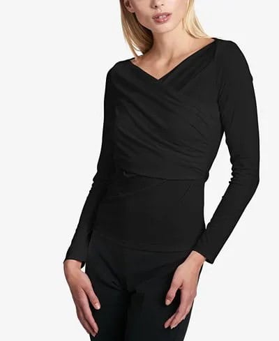 Black Long Sleeve Ruched Wrap Top with Skinny Jeans