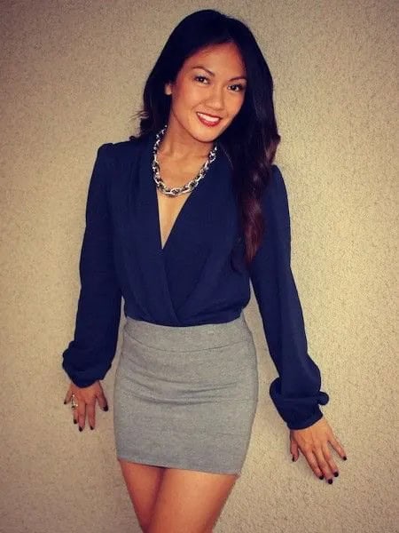 Deep Blue Blouse with Grey Wool Mini Bodycon Skirt