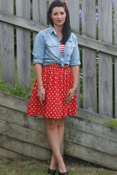 Red Pleated Polka Dot Skirt with Knotted Chambray Shirt