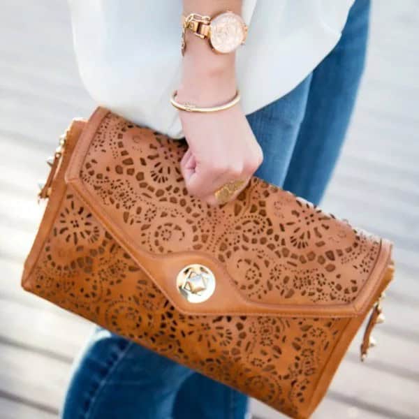 Brown Cutout Soft Leather Clutch Bag with White Chiffon Blouse & Blue Jeans