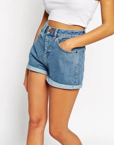 White Cropped Tee with Light Blue Cuffed Mom Jean Shorts