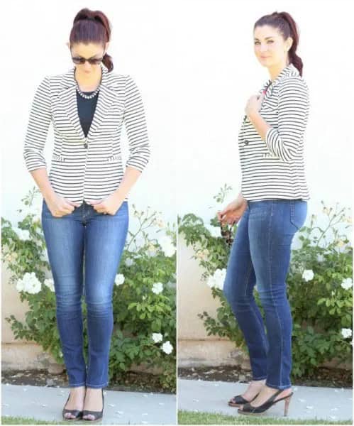 Buttoned Blazer with Black Blouse & Blue Skinny Jeans