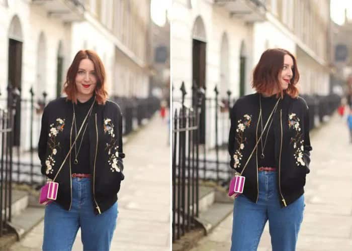 Black Embroidered Jacket with Blue Mom Jeans