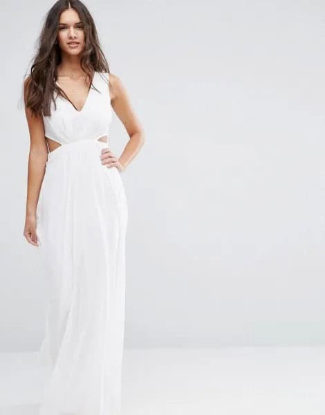 White Deep V Neck Long Flowy Dress