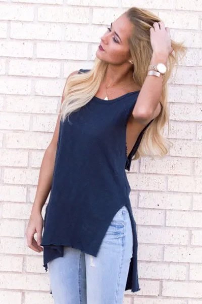 Navy Blue Sleeveless Cutout Top with Light Blue Jeans