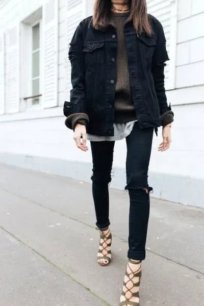 Black Denim Jacket with Green Comfy Sweater