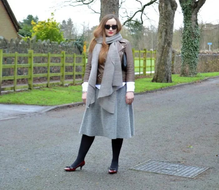 Brown Leather Jacket with Grey Wool Scarf & Matching Midi Skirt