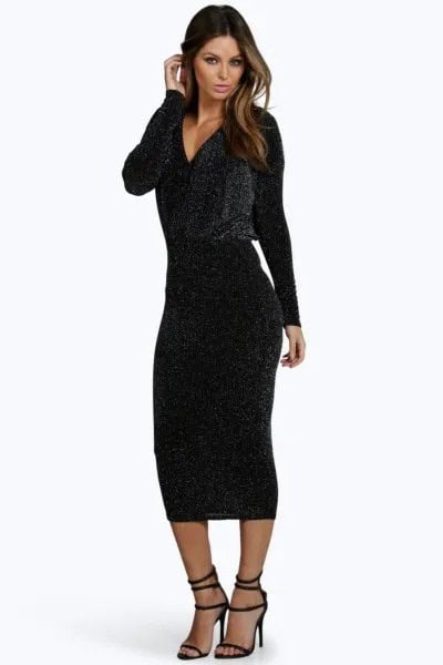 Black Deep V Neck Long Sleeve Midi Bodycon Dress with Open Toe Heels