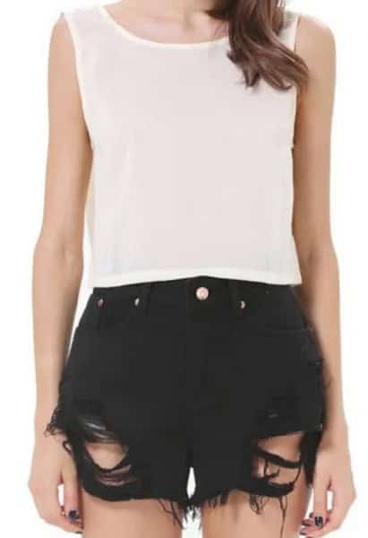 White Chiffon Sleeveless Top with Black Ripped Shorts