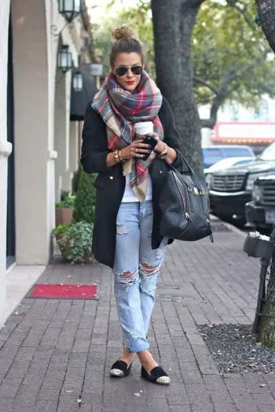 Grey Scarf with Black Long Coat & Ripped Boyfriend Jeans