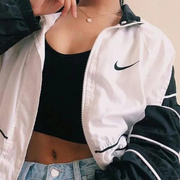 White and Black Windbreaker with Crop Top & Denim Mini Shorts