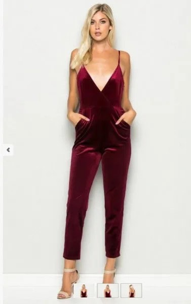 Burgundy Deep V Neck Spaghetti Strap Velvet Jumpsuit