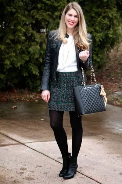 Black Quilted Skirt with Leather Jacket & Boots