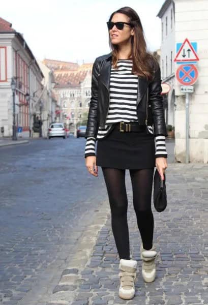 Black Leather Jacket with Striped Tee & Mini Skirt