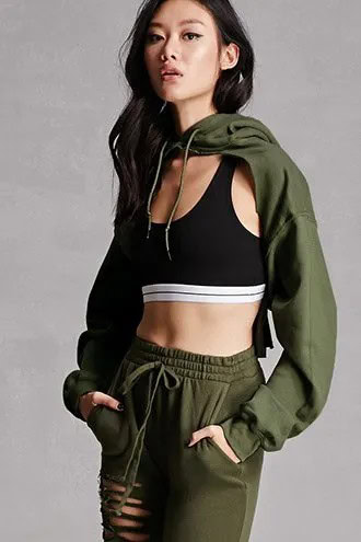 Green Cut Out Hoodie with Black Sports Bra Top