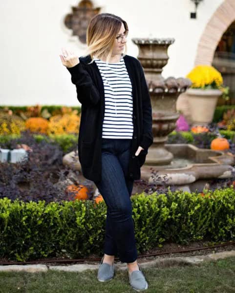 Black Cashmere Cardigan with Striped Tee & Dark Jeans