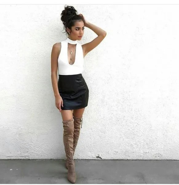 White Choker Neck Low Cut Sleeveless Top with Black High Rise Mini Skirt