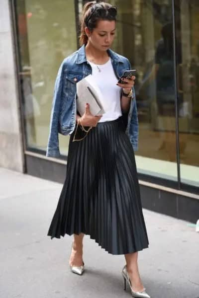 Blue Denim Jacket with Maxi Black Pleated Skirt