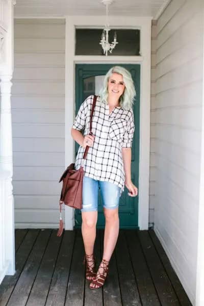 White and Grey Plaid Boyfriend Shirt with Denim Shorts