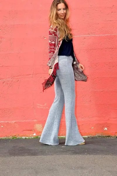 Red and White Tribal Printed Cardigan with Grey Bell Bottom Yoga Pants