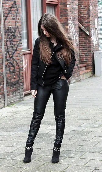 Black Denim Jacket with Leather Leggings & Suede Studded Boots