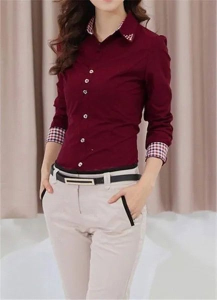 Burgundy Button Up Slim Fit Shirt with Light Grey Slim Fit Chinos