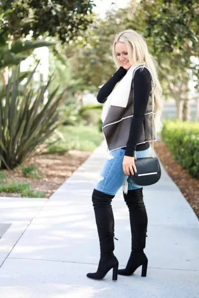 Brown Shearling Leather Vest with Denim Shorts & Thigh High Boots