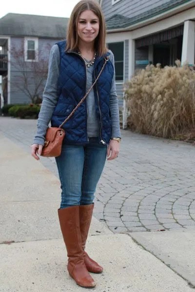 Blue Quilted Vest with Grey Long Sleeve Top & Brown Knee High Boots