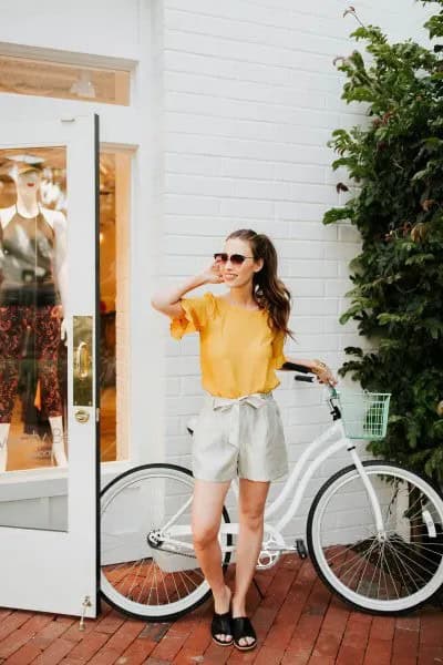 Yellow Bell Sleeve Chiffon Top with Ivory Ribbon Bow Dressy Shorts