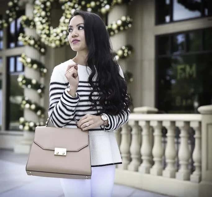 White and Black Striped Peplum Sweater with Pink Leather Purse