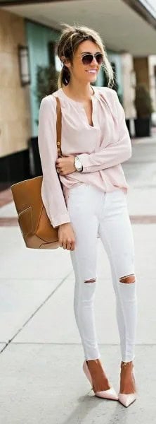 Pale Pink Shirt with White Ripped Knee Skinny Jeans