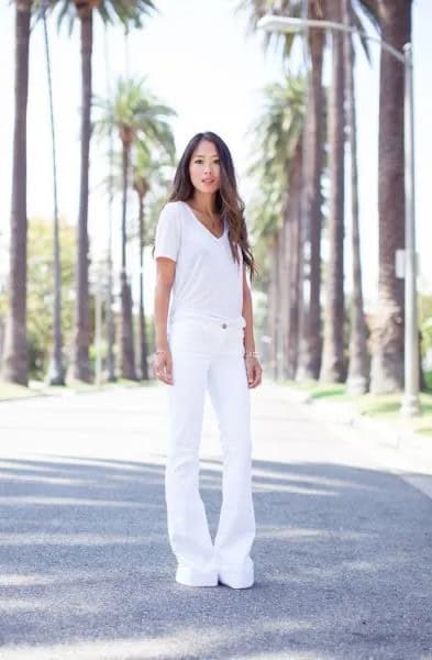 White V Neck Tee with White Bell Bottom Jeans