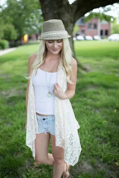 Long White Lace Vest with Light Blue Mini Denim Shorts