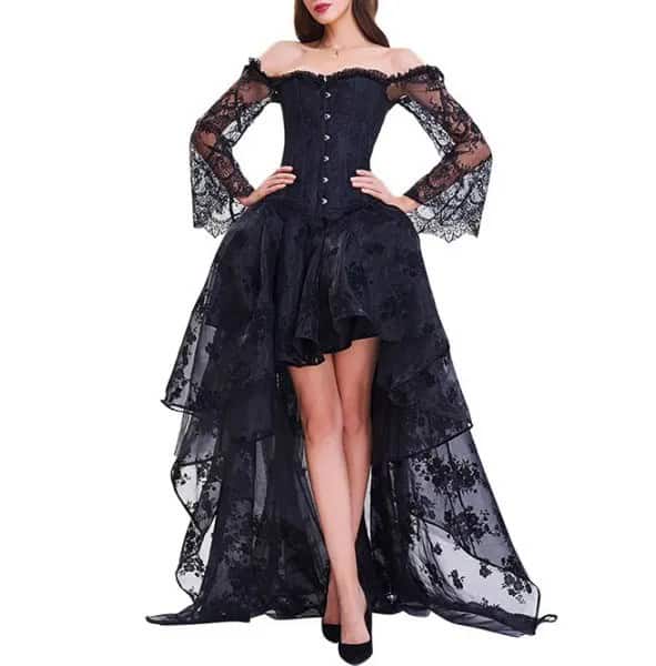 Black Lace High Low Semi-Sheer Corset Dress