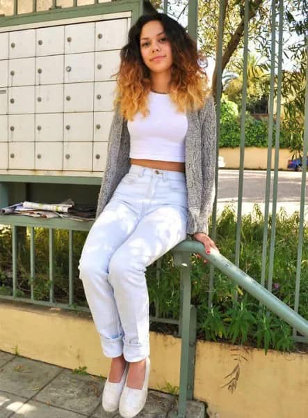 White Crop Top with Heather Grey Sweater Cardigan