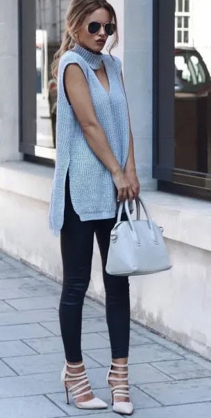 Grey Sleeveless Cutout Front Turtleneck Tunic Sweater with Boots