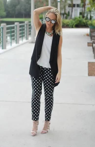 Polka Dot Pants with White Sleeveless Top & Black Vest