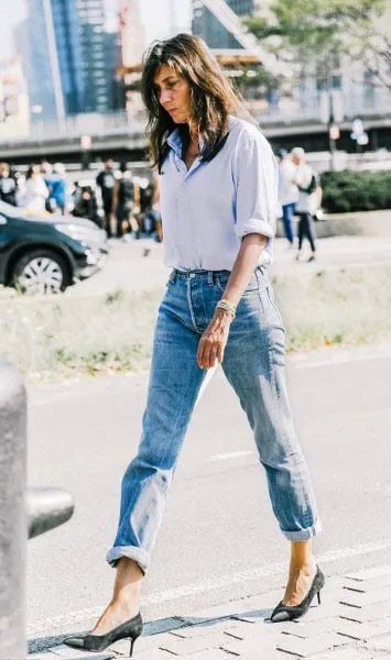 Light Blue Button Up Tucked Shirt with Cuffed Mom Jeans & Black Heels