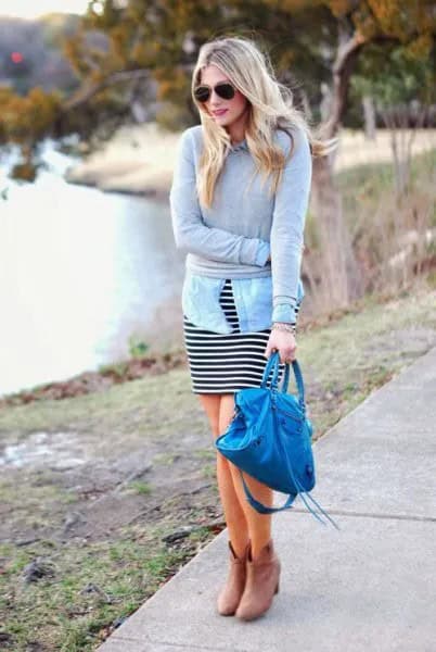 Grey Sweater with Light Blue Chambray Shirt & Black and White Striped Dress