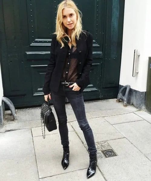 Black Blazer with Semi-Sheer Blouse & Suede Moto Jeans