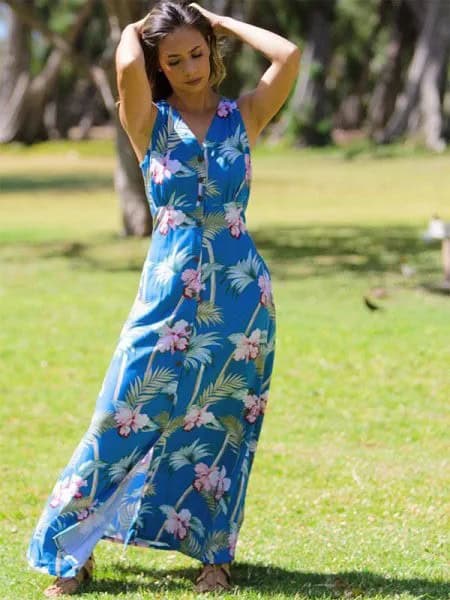 Teal Blue and White Floral Printed Sleeveless Hawaiian Style Dress