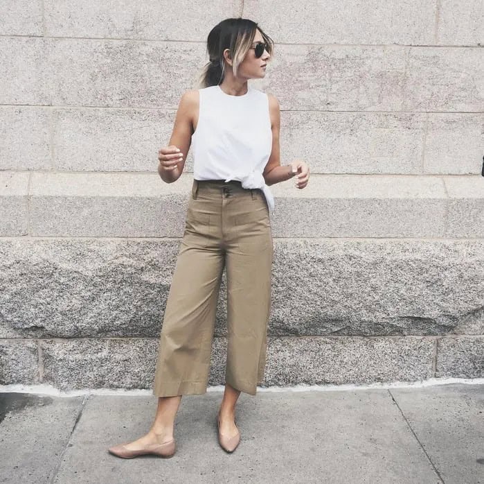 White Tank Top with Wide Leg Cropped Pants