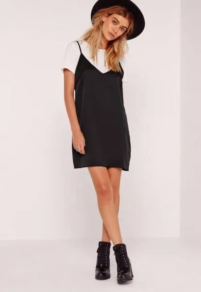 Black Mini Cami Dress Over White T Shirt