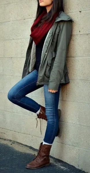 Brown Combat Boots with Army Jacket & Skinny Jeans