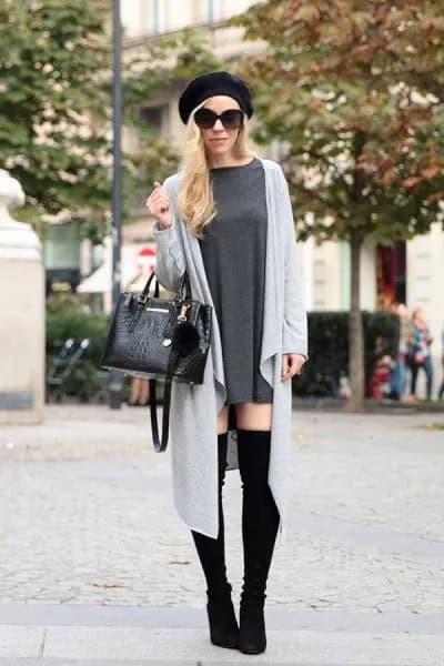 Black Painter Hat with Grey Longline Cardigan & Thigh High Boots