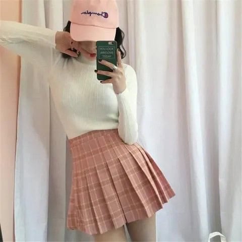 White Form Fitting Sweater with Pink Plaid Skirt & White Baseball Cap